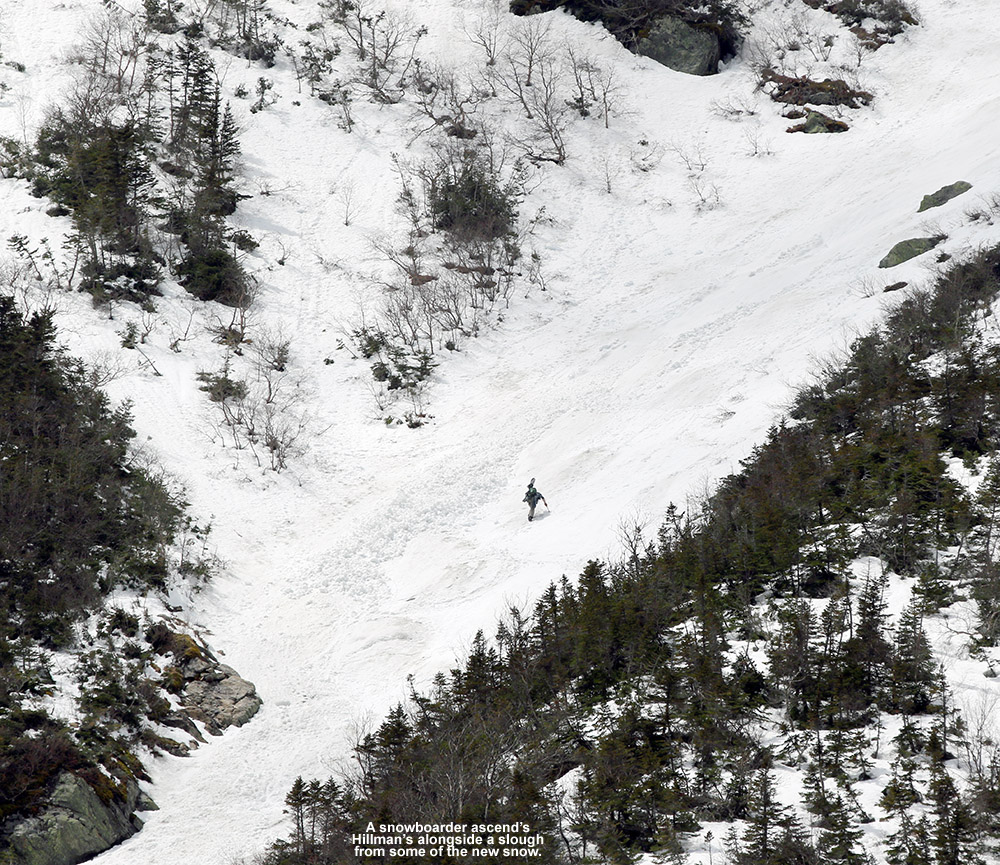 An image of a snowboarder hiking Hillman's Highway on Mt. Washington in New Hampshire
