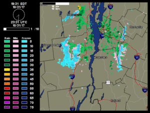 A radar image showing snow falling in the Adirondacks and in the Green Mountains of Vermont on Halloween