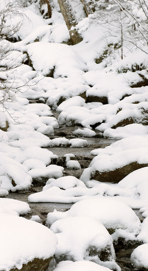 An image of fresh snow in a streambed at Bolton Valley Ski Resort in Vermont