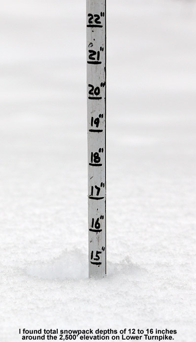 An image showing the snow depth at 2,500' elevation at Bolton Valley Ski Resort in Vermont