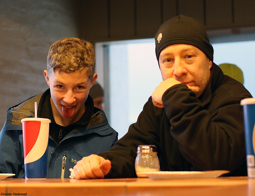 An image of Ty and Jay at the bar at Fireside Flatbread Pizzeria at Bolton Valley Ski Resort in Vermont