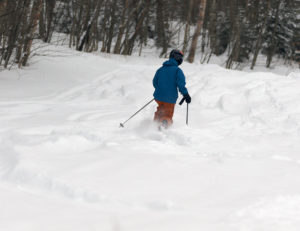 An image of Ty Telemark skiing in powder on the Snowflake Bentley trail at Bolton Valley Resort in Vermont