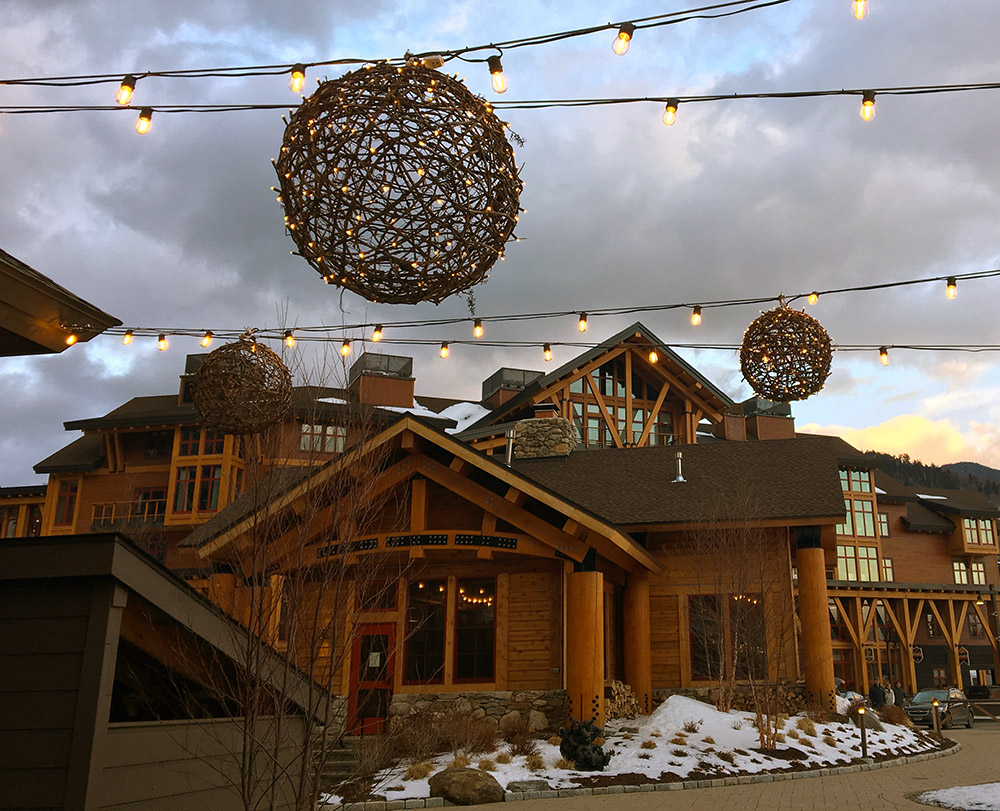 An image of some lights in the Spruce Peak Village at Stowe Mountain Resort in Vermont