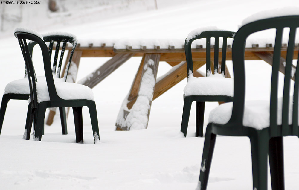 An image of chairs with snow on them outside the Timberline Base Lodge at Bolton Valley Ski Resort in Vermont