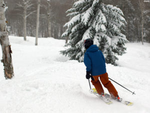 An image of Ty skiing the Glades trail at Bolton Valley Ski Resort in Vermont 