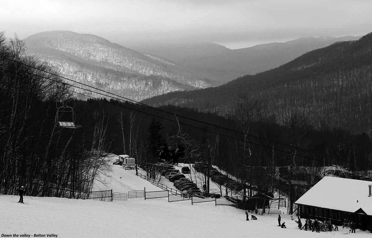 an image looking down Bolton Valley toward the Winooski Valley at the Timberline area of Bolton Valley Ski Resort in Vermont