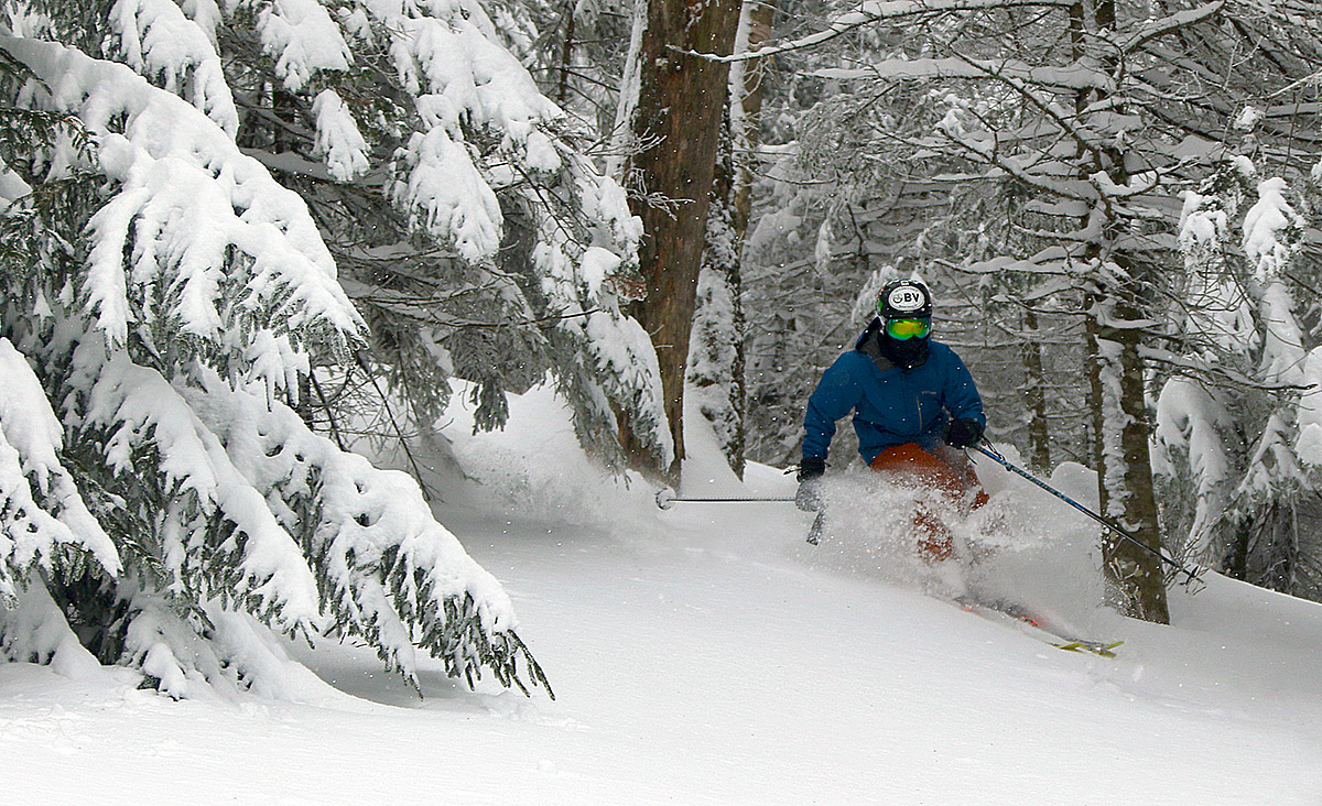An image of Ty skiing in the Villager Trees area of Bolton Valley Resort in Vermont