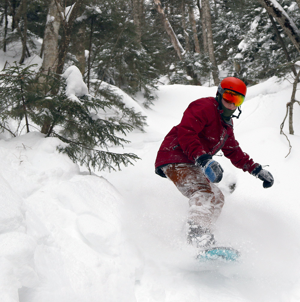 An image of Robbie snowboarding at Stowe Mountain Resort in Vermont