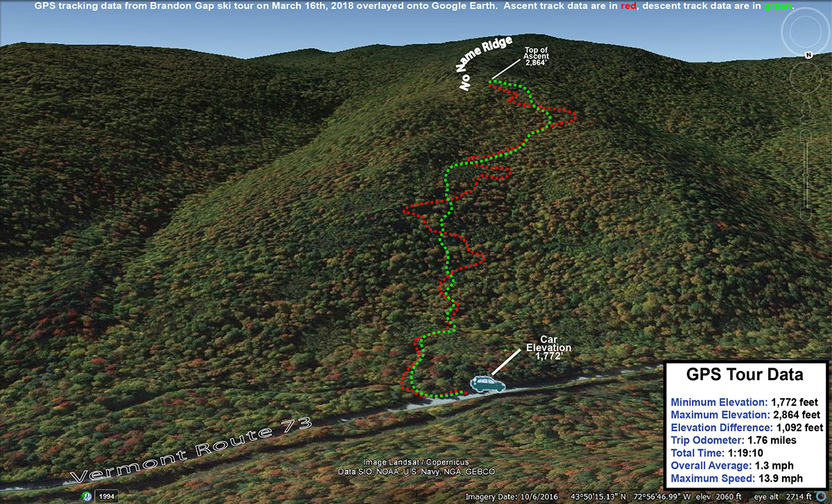 A Google Earth map showing GPS tracking data for a backcountry ski tour at Brandon Gap in Vermont 