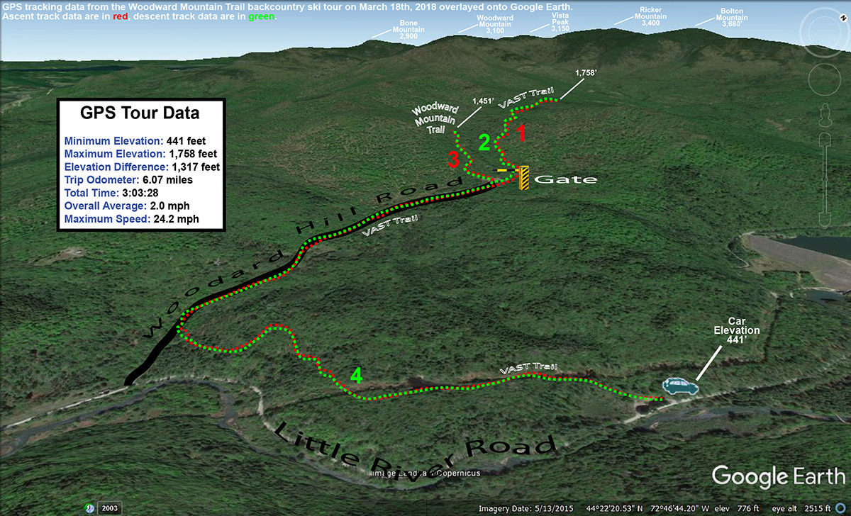 A Google Earth map with GPS tracking data for a backcountry ski tour on the Woodward Mountain Trail in the Bolton Valley backcountry