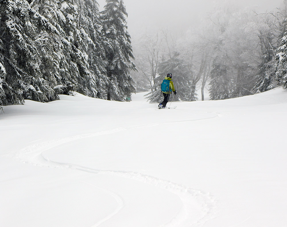 An image of Erica skiing the Alta Vista trail in fresh April powder at Bolton Valley Ski Resort in Vermont