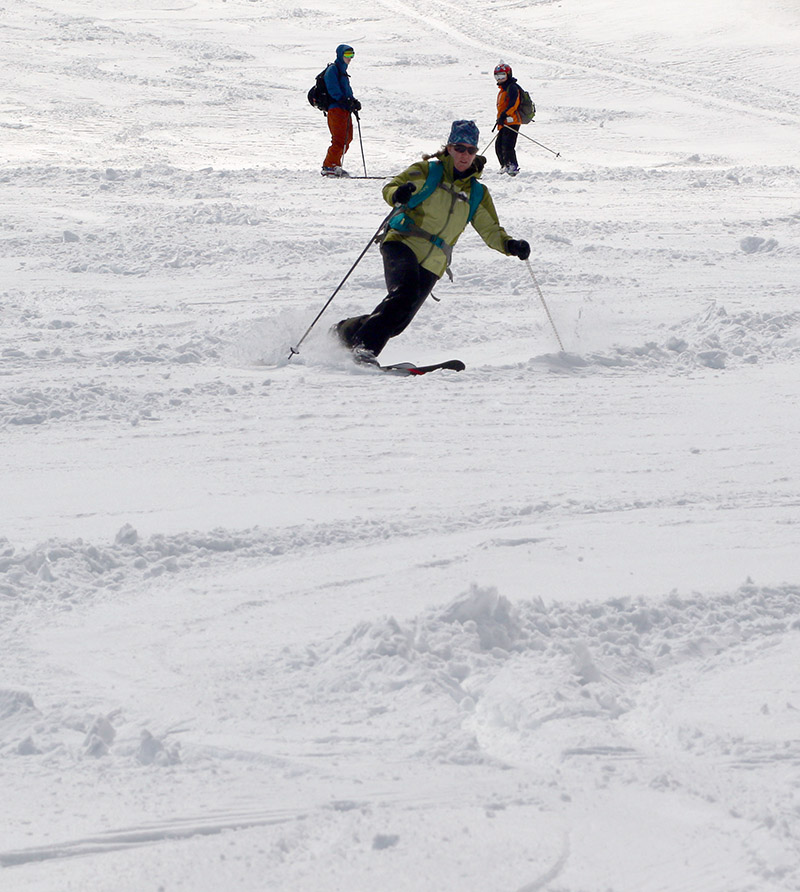 An image of Erica skiing some fresh snow on the Nosedive trail at Stowe Mountain Resort in Vermont with Ty and Dylan looking on 