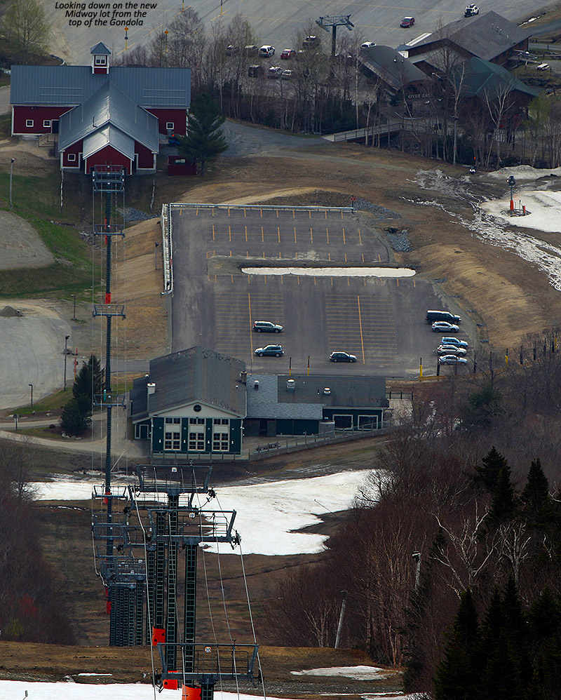 An image of one of the Midway area parking lots at Stowe Mountain Resort in Vermont, taken from the Cliff House at the top of the Gondola