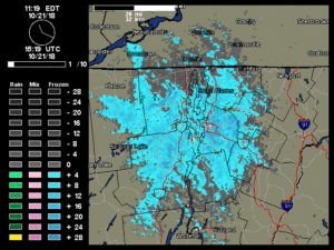 A weather radar image showing upslope snow coming into the Green Mountain of Vermont from the northwest in an October snow event