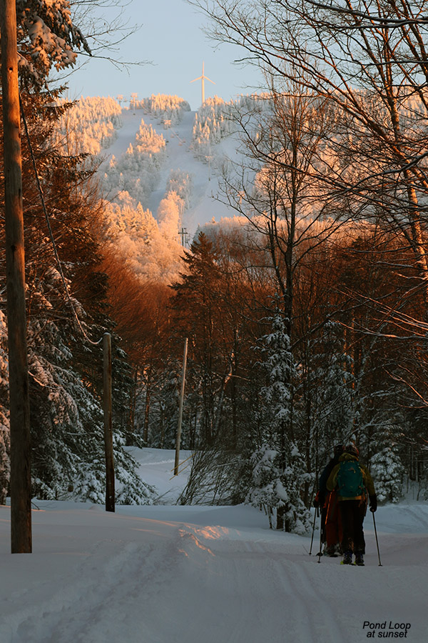 An image of people ski touring on the Pond Loop trail near sunset with some of Bolton Valley Resort's alpine trails in the background