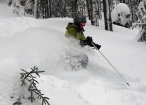 An image of Erica spraying powder as she skis in fresh snow from Winter Storm Harper at Bolton Valley Resort in Vermont