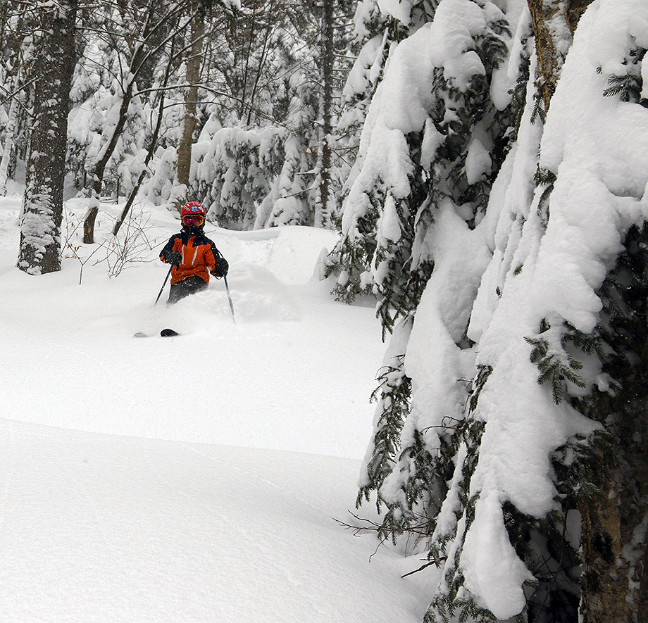An image of Dylan skiing powder snow in the KP Glades are of Bolton Valley Resort in Vermont