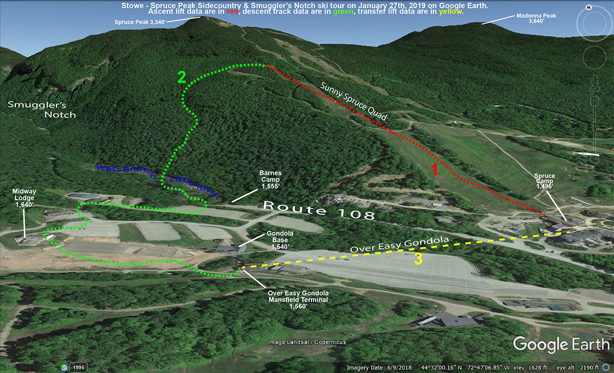 A Google Earth map tracing a ski tour from Spruce Peak at Stowe Mountain Resort down into the Smuggler's Notch sidecountry in Vermont