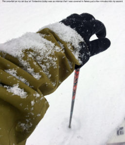 An image showing snow accumulation on a ski jacket due to intense snowfall at Bolton Valley Ski Resort in Vermont