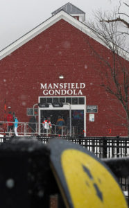 An image of the Gondola buidling with snow falling at Stowe Mountian Ski Resort in Vermont