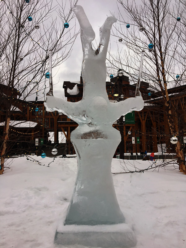 An image of an ice sculpture in the Spruce Peak Village at Stowe Mountain Resort in Vermont