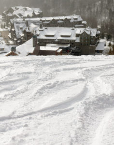 An image of ski tracks in powder snow on the West Slope are of Stowe Mountain Resort in Vermont