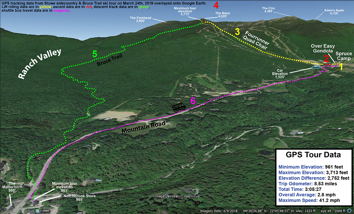 A Google Earth map with GPS Tracking data from a ski tour on the Bruce Trail in the Mt. Mansfield sidecountry near Stowe Mountain Resort in Vermont