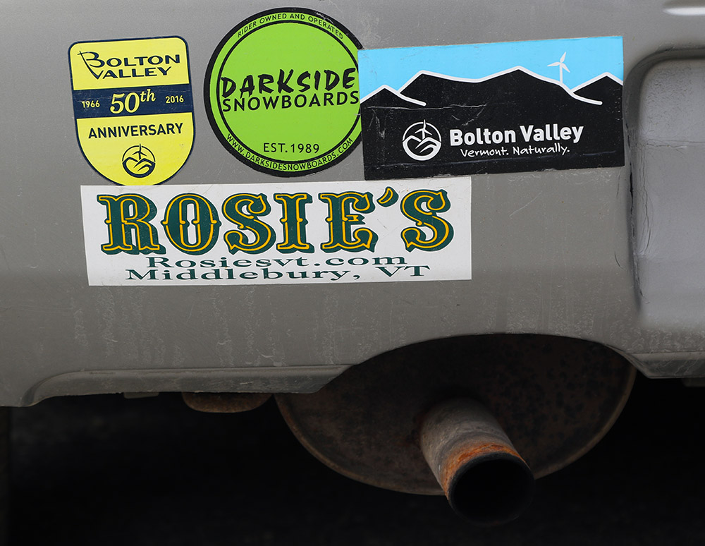 An image of some bumper stickers on a car in the Timberline parking lot at Bolton Valley Ski Resort in Vermont