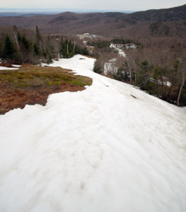 An image showing snow coverage on the Spillway trail in mid May at Bolton Valley Ski Resort in Vermont