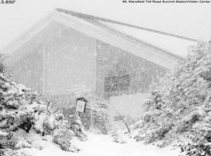 An image showing the Summit Station/Visitor Center atop Mt. Mansfield in Vermont during a May snowstorm