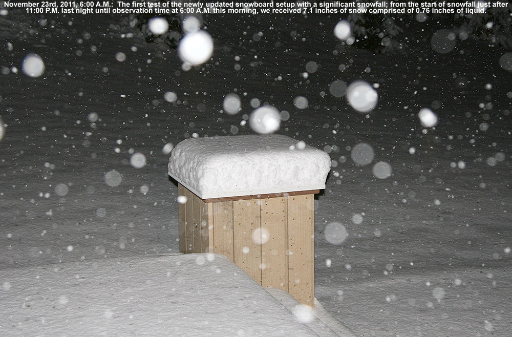 An image of snow collecting on elevated snowboard that is integrated into the back deck at our house in Waterbury, Vermont during a snowstorm on November 23, 2011