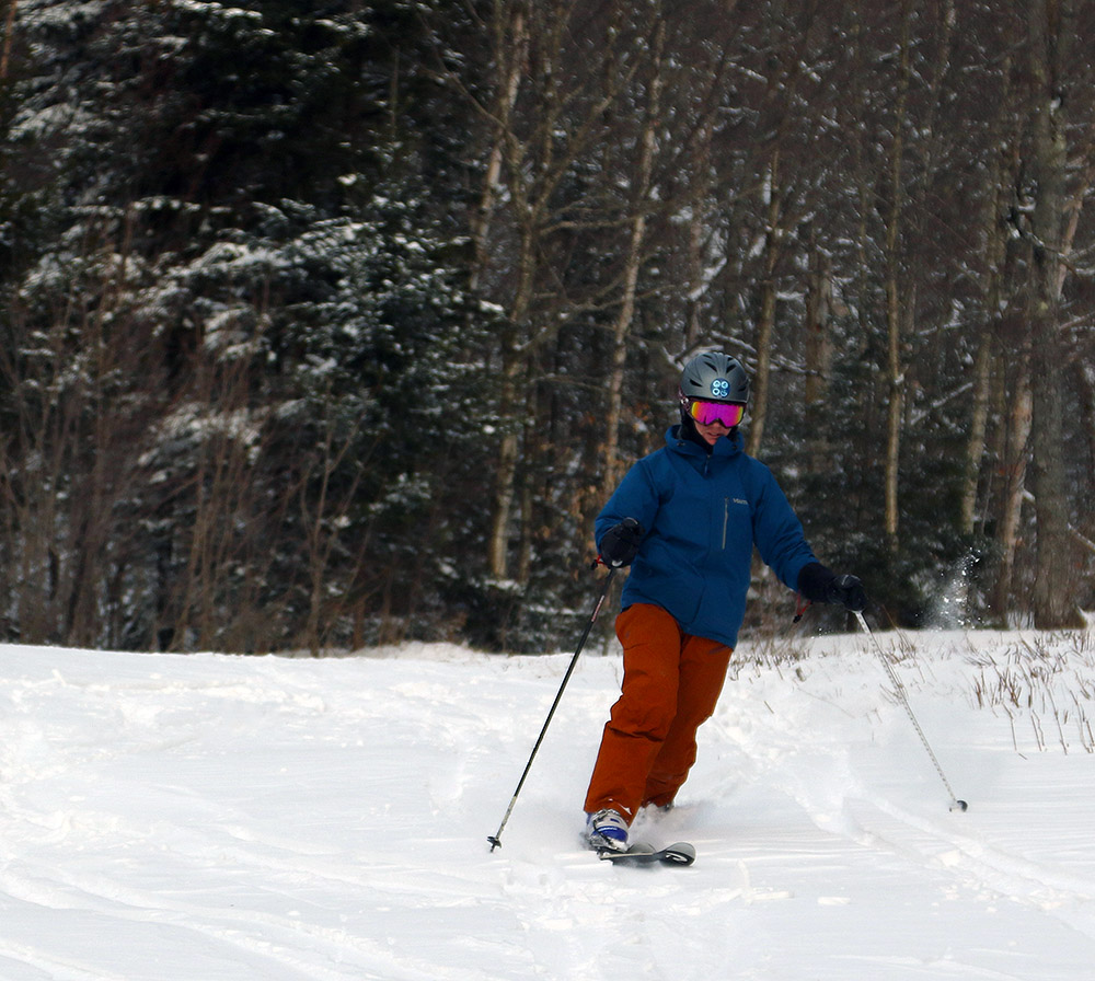 An image of Erica Telemark skiing in the Wilderness area of Bolton Valley Resort in Vermont