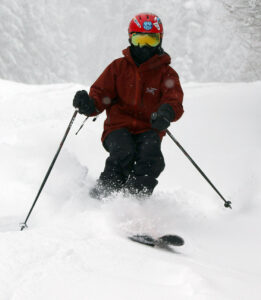 An image of Dylan skiing powder from Winter Storm Jacob in January 2020 at Bolton Valley Resort in Vermont