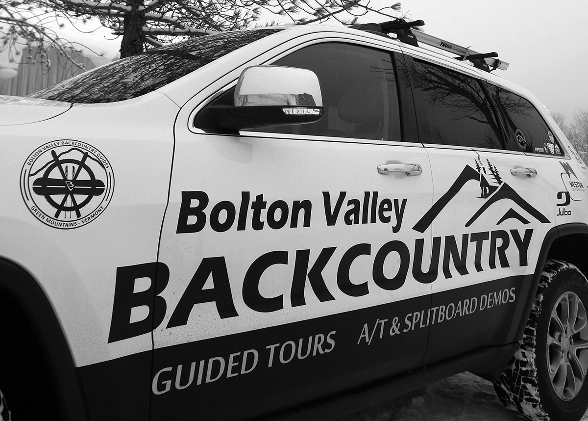 An image of the logo on the Bolton Valley Backcountry promotional vehicle at Bolton Valley Ski Resort in Vermont