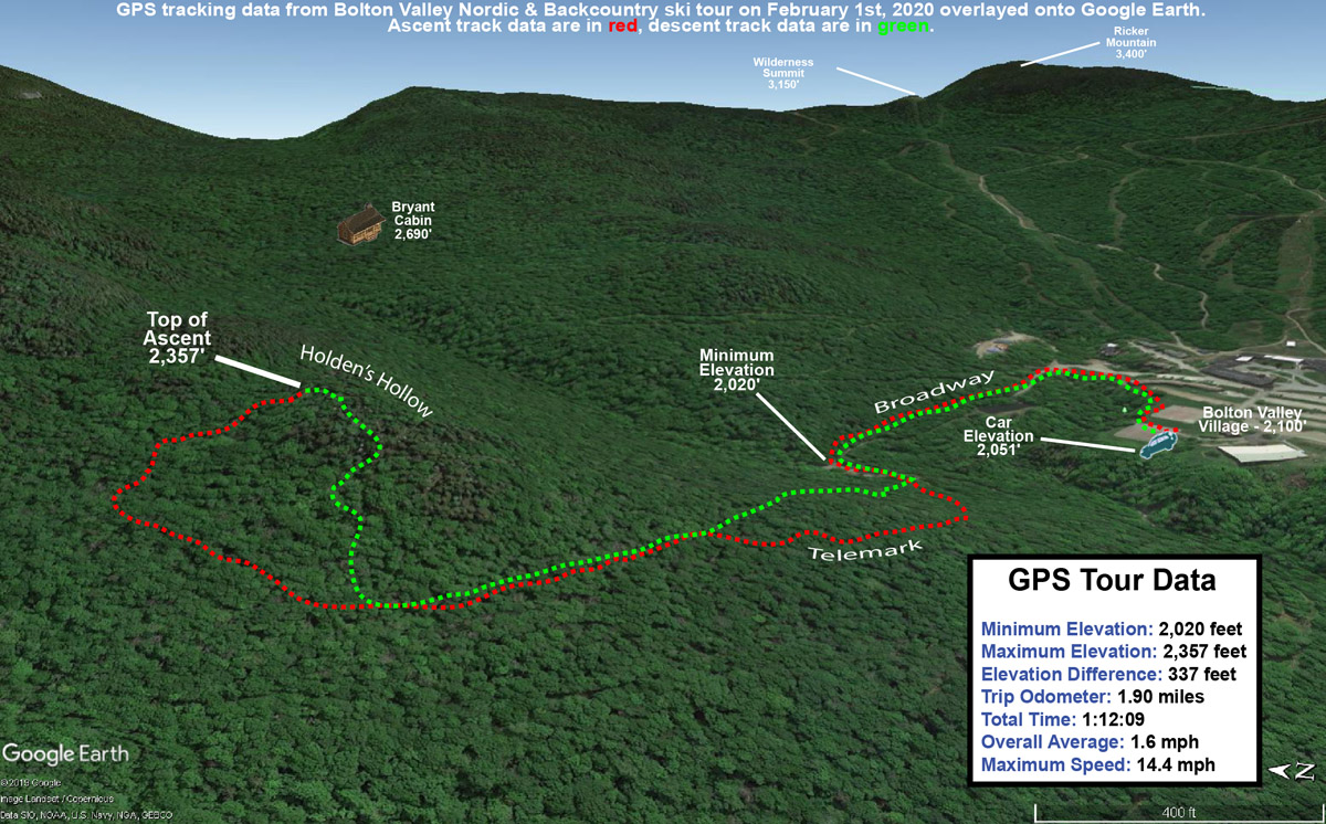 A map with GPS tracking data on Google Earth for a ski tour on the backcountry network at Bolton Valley Ski Resort in Vermont