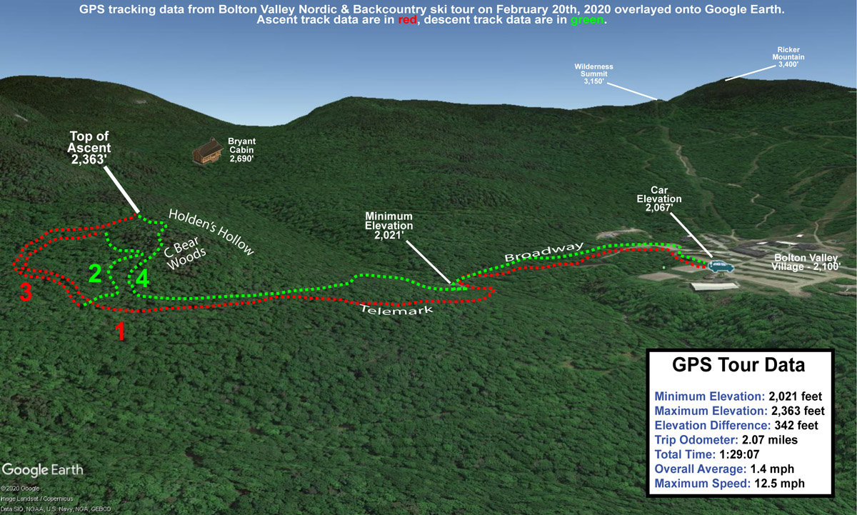 A Google Earth Map with GPS tracking data for a ski tour on the Nordic and Backcountry Ski Network on February 22nd, 2020 at Bolton Valley Ski Resort in Vermont