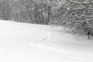 An image of ski tracks in powder during Winter Storm Odell at Bolton Valley Resort in Vermont
