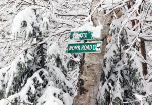 An image of ski trail signs and trees covered with snow during a late-April snowstorm at Bolton Valley Ski Resort in Vermont.