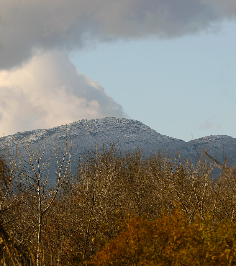 An image of the Mt. Mansfield Chin in Vermont with some early season October snow