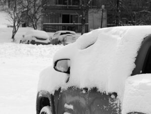 An image of snow accumulations in the Village area of Bolton Valley Ski Resort in Vermont after an early November snowstorm