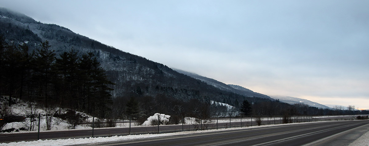 An image looking westward down the Winooski Valley of Vermont near the Bolton Flats area after some snow from Winter Storm John
