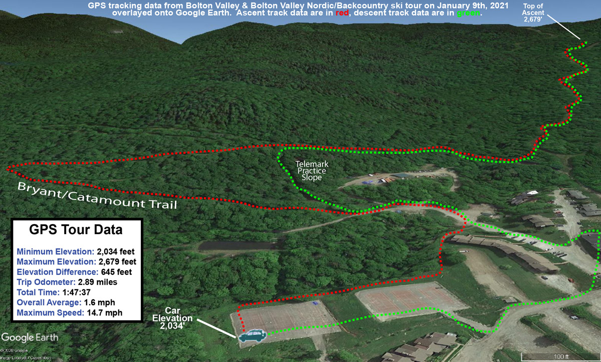 A Google Earth map with GPS tracking data for a ski tour at Bolton Valley Resort in Vermont
