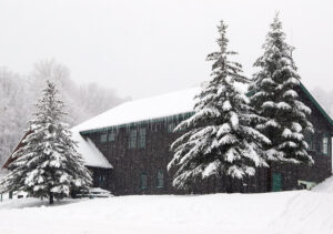 An image of the Timberline Base Lodge during Winter Storm Malcolm at Bolton Valley Ski Resort in Vermont
