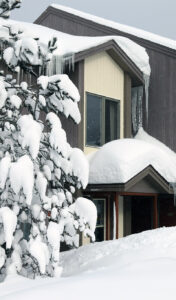 An image of a snow-covered evergreen and house after a week of January snows in the Village area at Bolton Valley Ski Resort in Vermont
