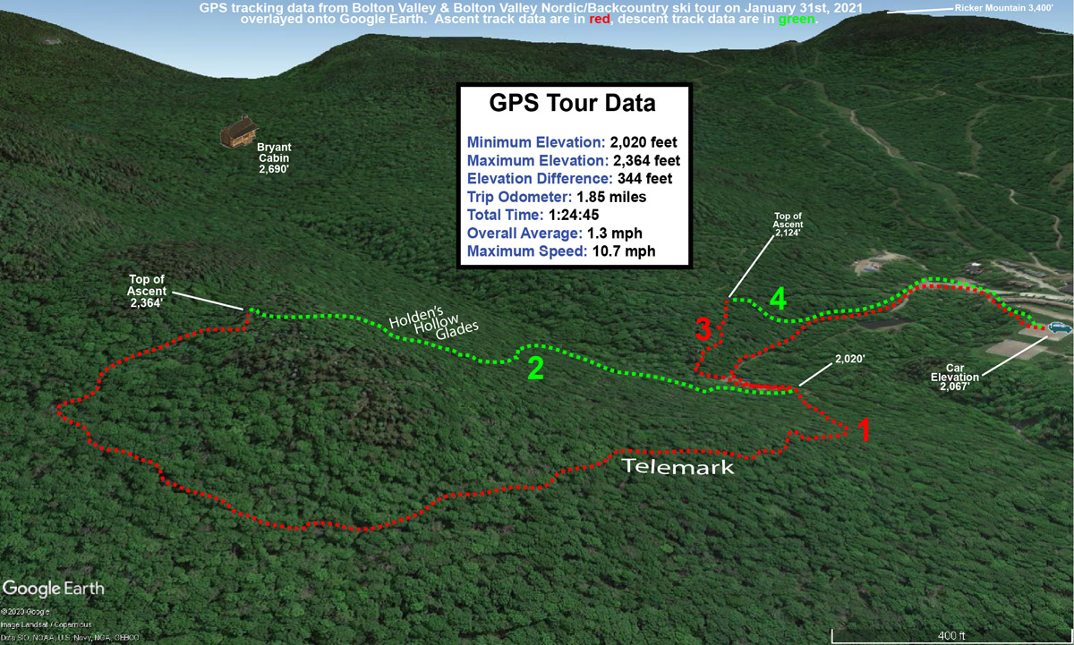 A map showing GPS tracking data on Google Earth for a ski tour on the Nordic & Backcountry Network at Bolton Valley Ski Resort in Vermont