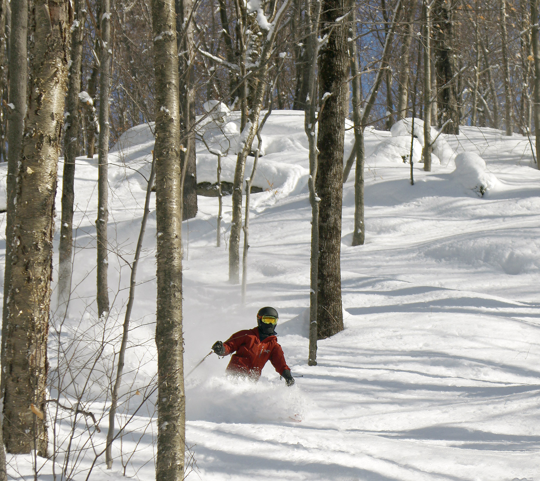 An image of Dylan skiing powder in some open trees at Bolton Valley Ski Resort in Vermont