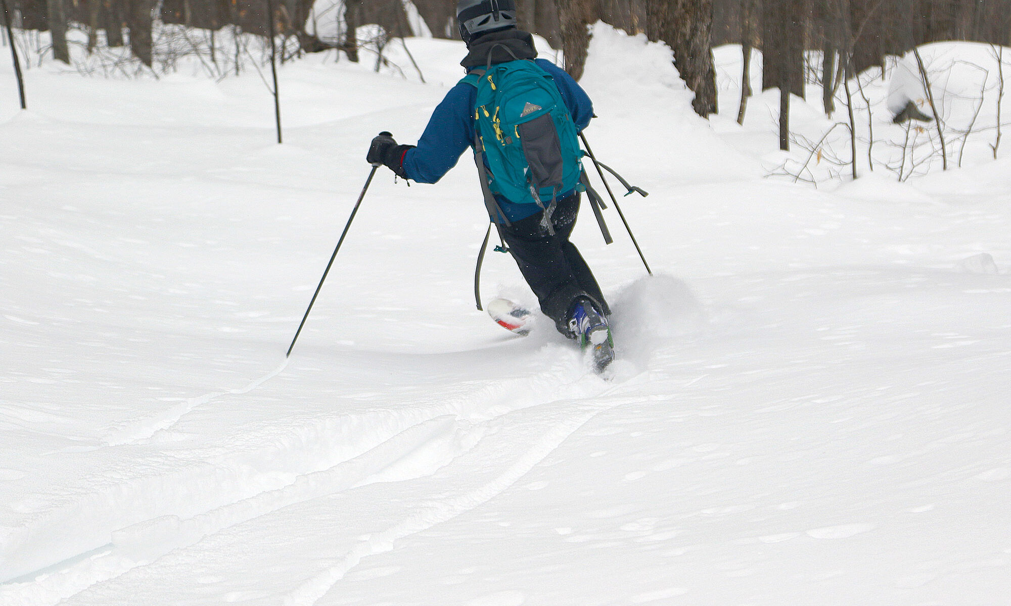 An image of Erica skiing out through powder in the trees below the Buchanan Shelter in the backcountry at Bolton Valley Ski Resort in Vermont