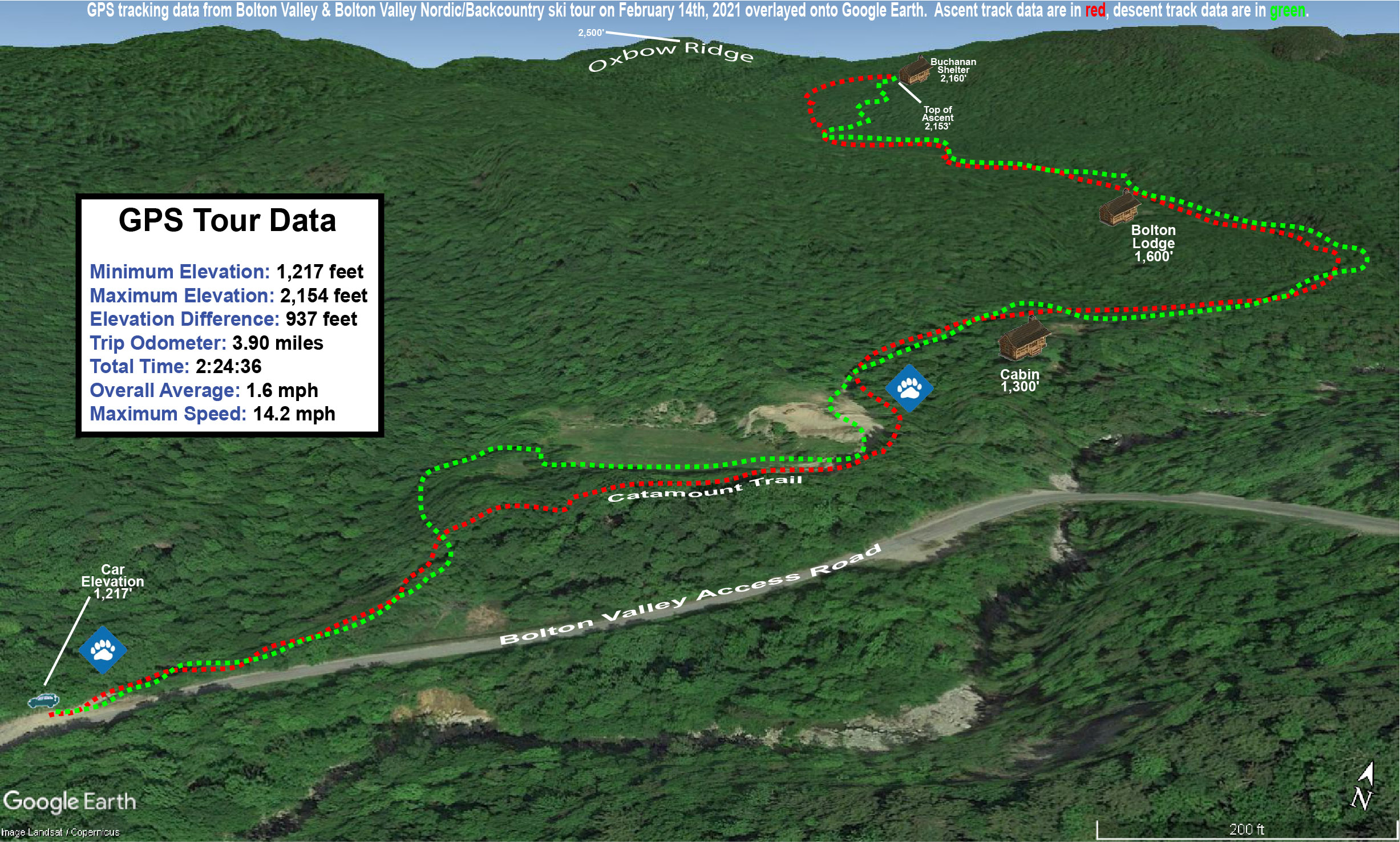 A Google Earth map showing GPS tracking data for a ski tour on the Nordic & Backcountry Network at Bolton Valley Resort in Vermont