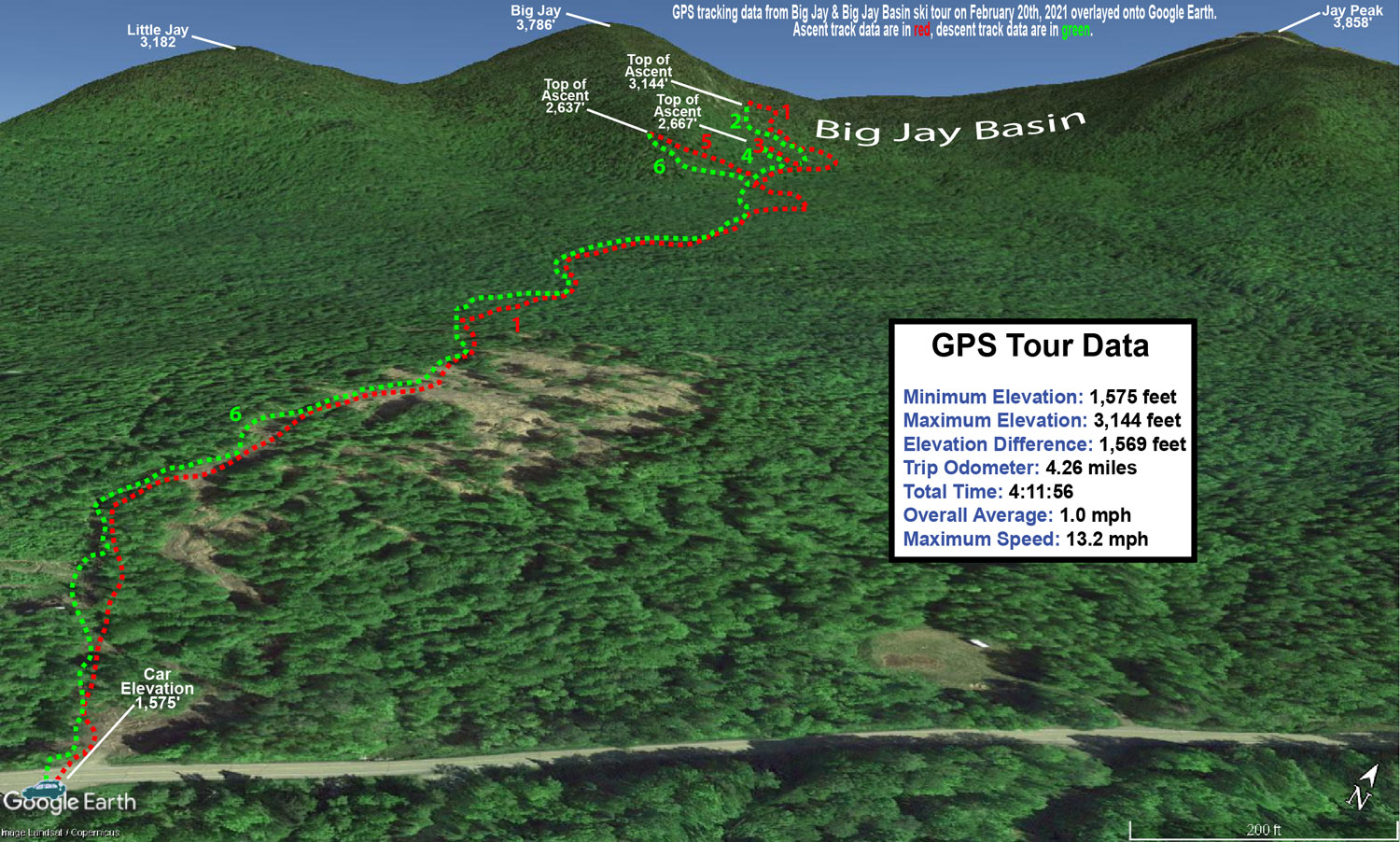 A Google Earth map with GPS tracking data for a ski tour in the Jay Peak backcountry in Vermont on February 20th, 2021