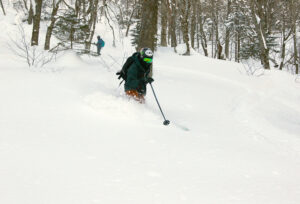An image of Ty skiing powder in the Big Jay Basin backcountry area near Jay Peak Resort in Vermont